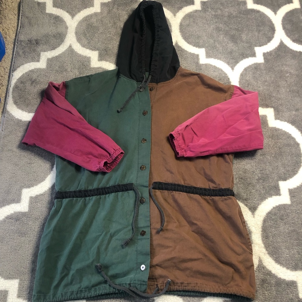 Vintage Jacket 80s Y2K Color Block Cotton Cinch Waist Womens Small Button Hood